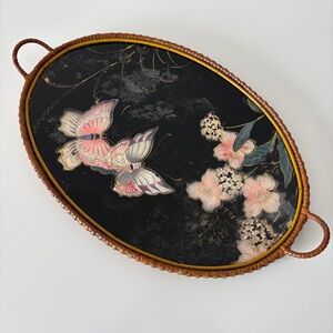 Vintage Chinoiserie Reverse Painted Oval Tray Butterflies Bamboo Wrapped MCM